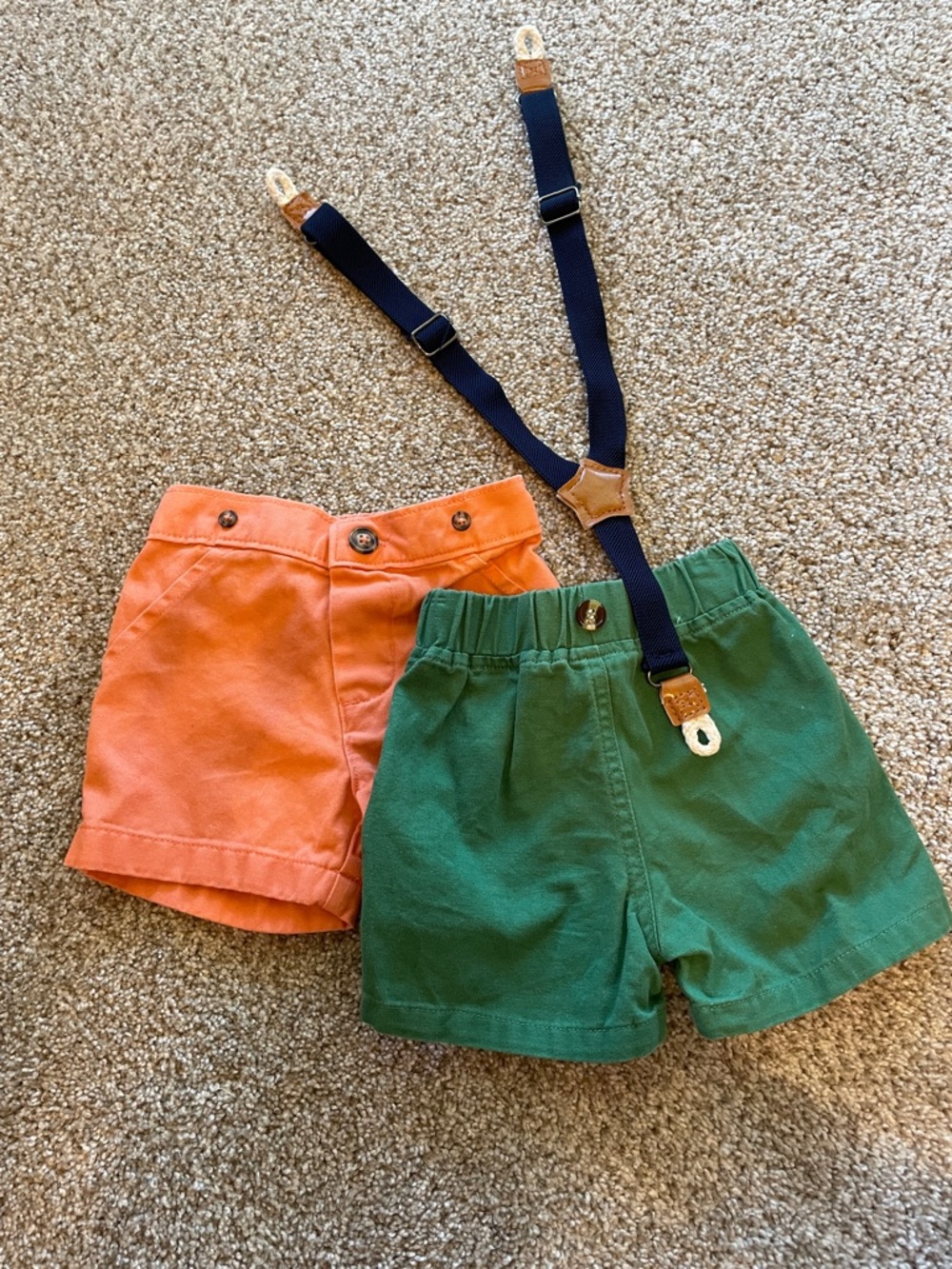 Carter's Green and Coral Baby Shorts with Navy Suspenders